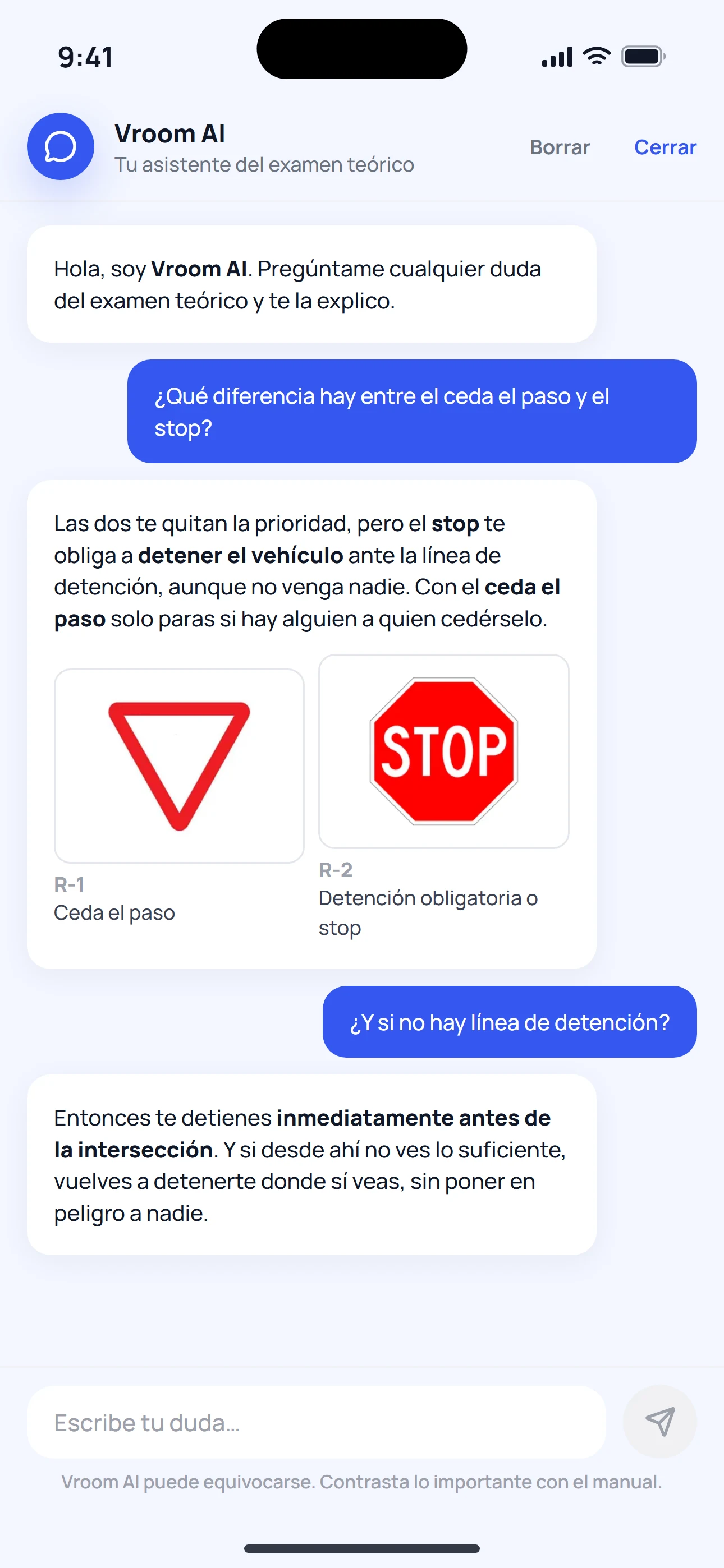 Vroom AI respondiendo una duda del temario del permiso B