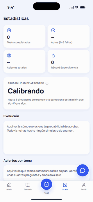 Pantalla de estadísticas de Vroom con la probabilidad de aprobar el examen teórico